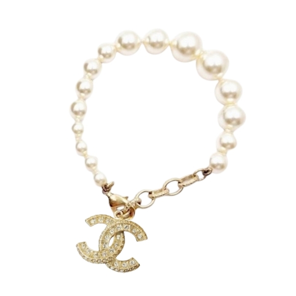 CHANEL Jewelry - New!!! Authentic Chanel Cream Faux Pearl & Crystal CC Charm Gold HW Bracelet B20
